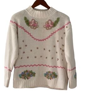 Vintage Embroidered Knit Grandma Grannycore Floral White Pink Sweater Size M